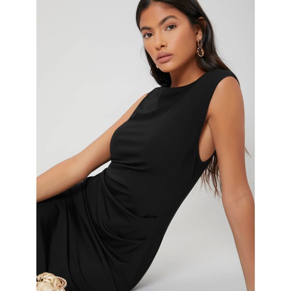 TANK SLEEVE FITTED GATHERED BODYCON DRESS BUSINESS CASUAL MINIMALIST BLACK - Picture 4 of 11